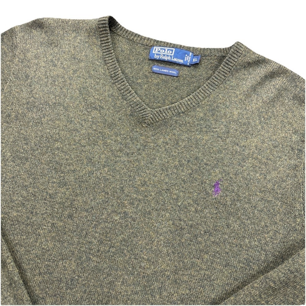 Vintage Polo Ralph Lauren Sweater Mens XL 100% Lambswool Olive Green V-Neck Y2K